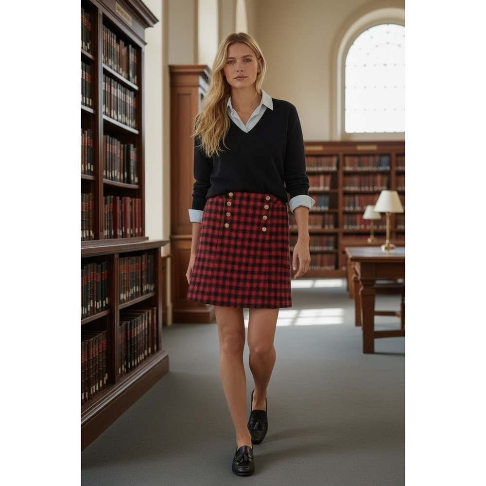 Brooks Brothers Red Black Skirt 10 Plaid Wool Dark Academia Preppy Button Front